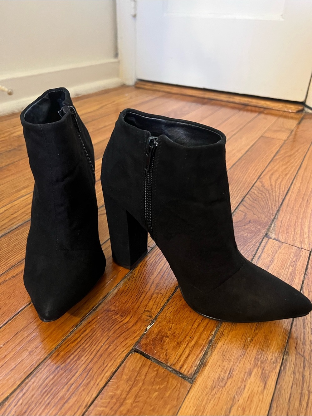 Shoe Dazzle Black Pointed-Toe Suede Ankle Boots with Side Zip